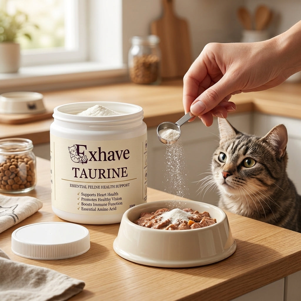A person's hand sprinkles Exhave Taurine powder over wet cat food in a bowl, with a tabby cat looking on next to the white supplement jar on a wooden kitchen counter.