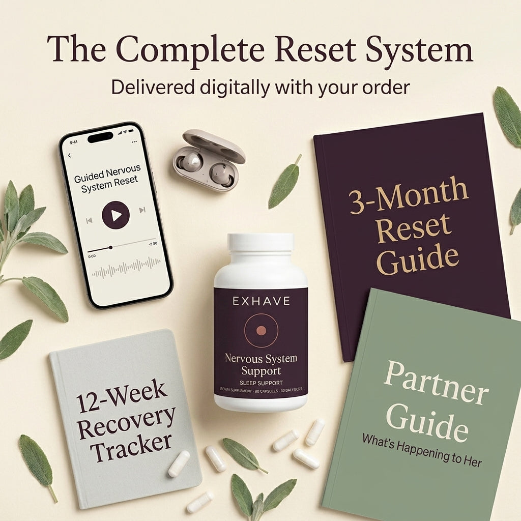 Complete Reset System components including a phone, bottle, and books on a light background with green leaves.