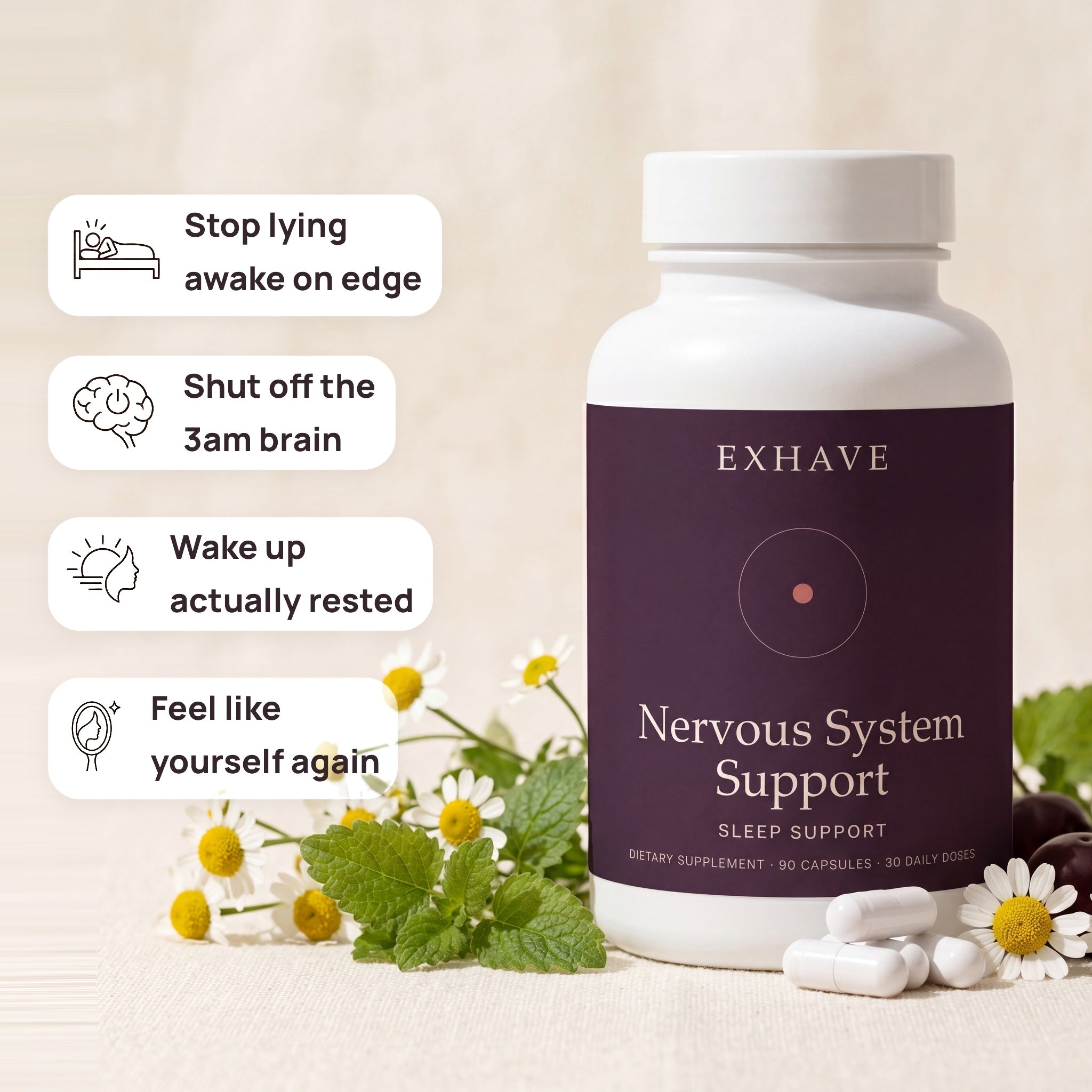 Exhava Nervous System Support supplement bottle with herbs and flowers on a beige background