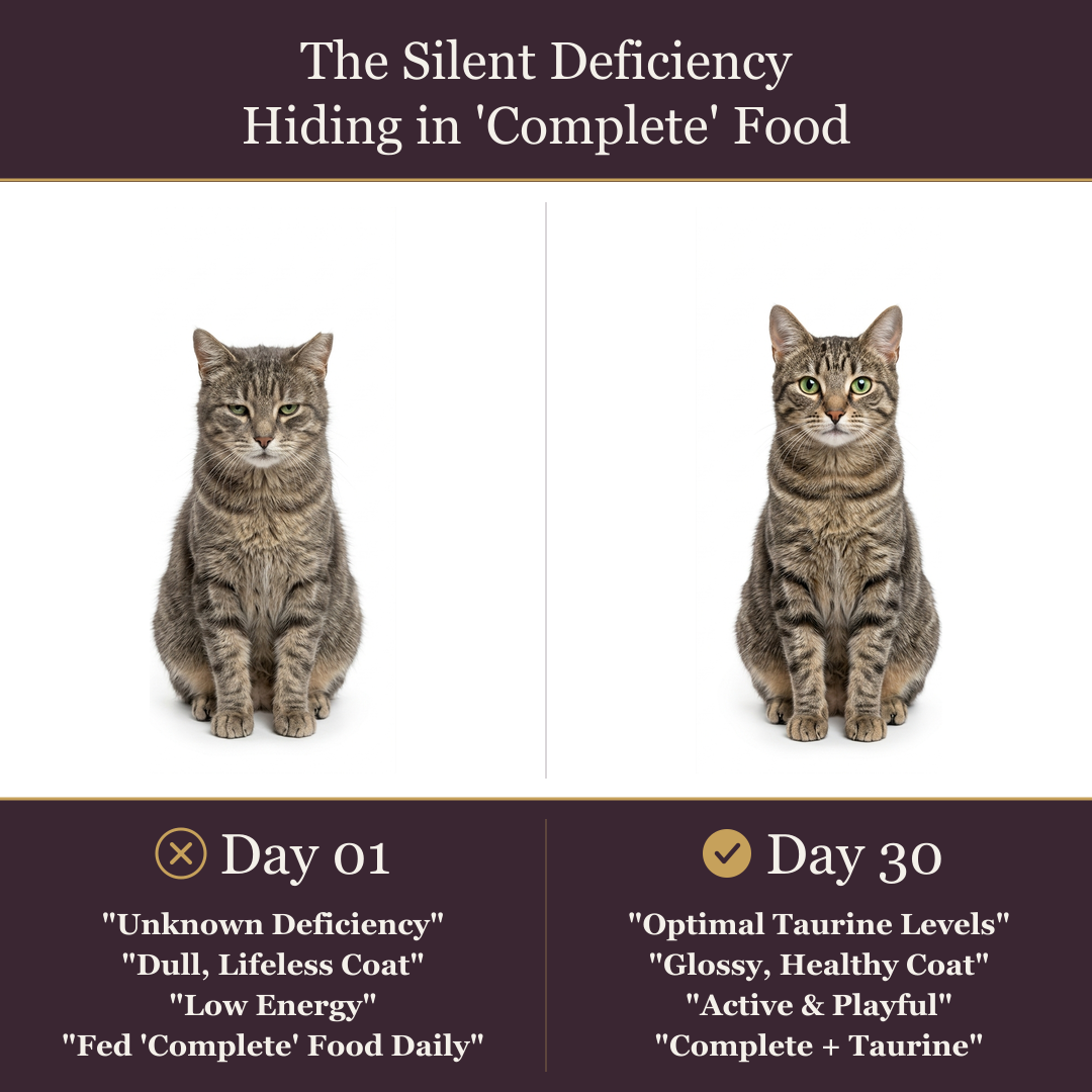 A before-and-after comparison infographic for cat food, showing two tabby cats side by side labeled 'Day 01' and 'Day 30' with text describing health improvements from silent deficiency to optimal taurine levels.