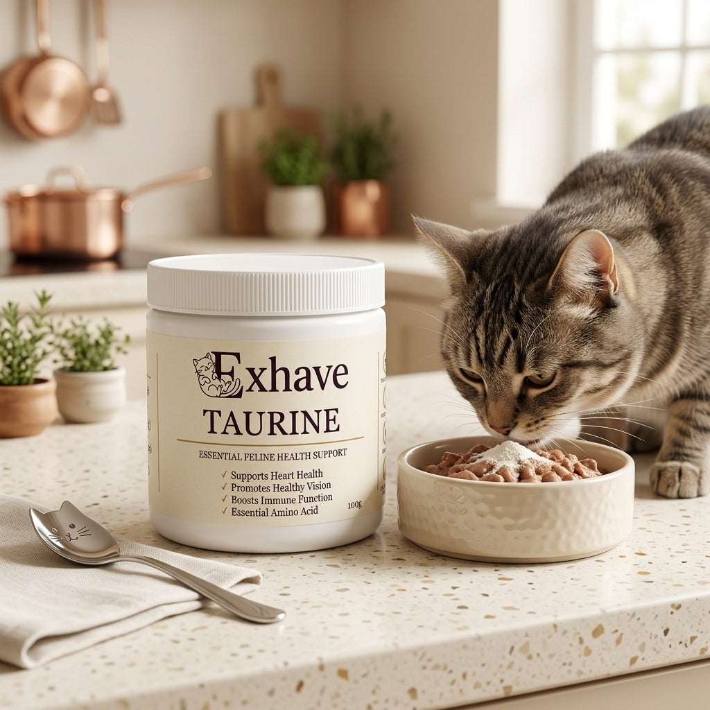A cat drinking from a bowl while a white tub labeled Exhave Taurine stands beside it on a kitchen counter. The scene is softly lit with a blurred warm kitchen background and small plants.