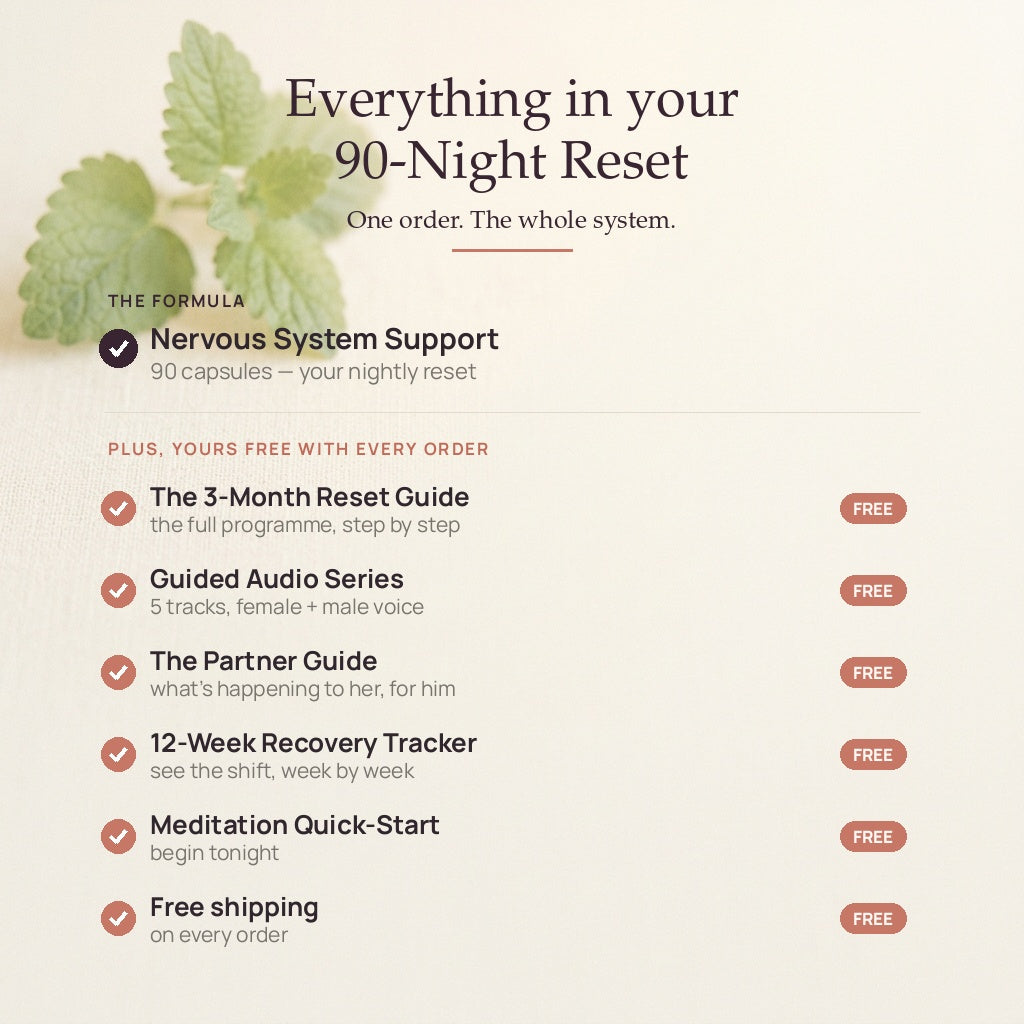 Promotional graphic for a 90-Night Reset program with text and green leaves on a beige background.