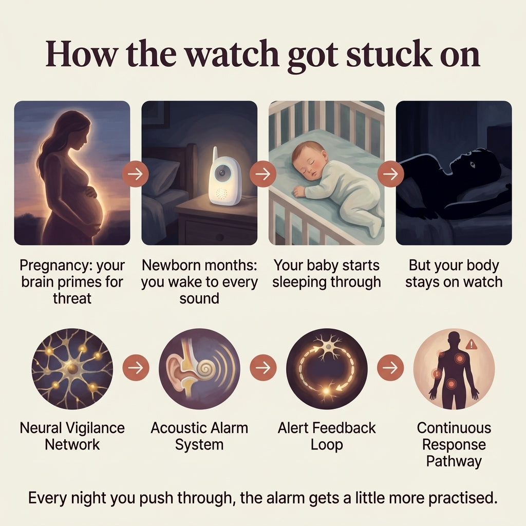 An infographic titled 'How the watch got stuck on' explains a sleep-tracking watch's functionality through illustrated panels showing pregnancy, newborn sleep patterns, a baby in a crib, and dark surroundings. It includes labeled stages: Neural Vigilance Network, Acoustic Alarm System, Alert Feedback Loop, and Continuous Response Pathway, with explanatory text on a beige background.