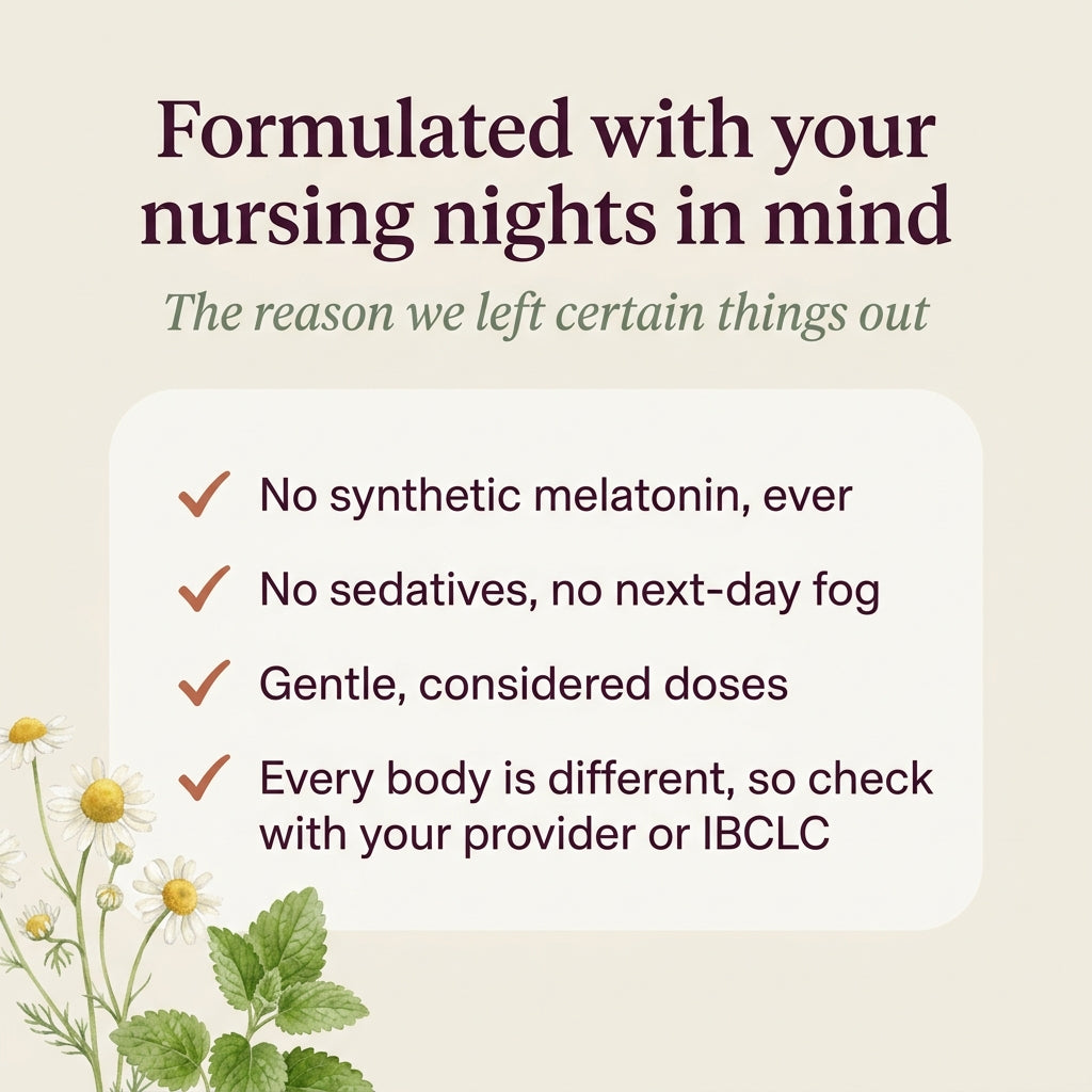 A text-based promotional graphic on a warm beige background. Large dark purple text reads, 'Formulated with your nursing nights in mind,' with smaller subtitle text below.