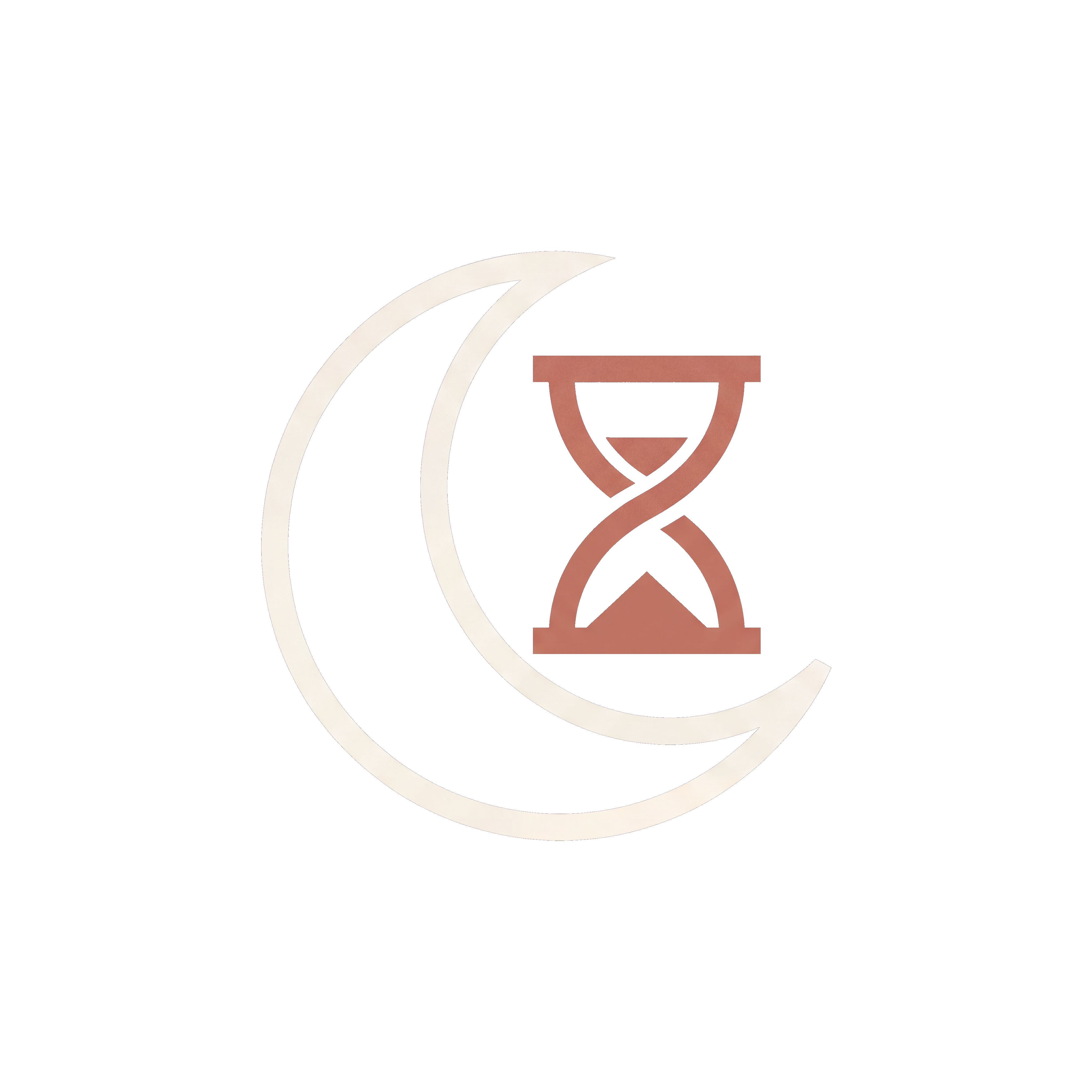 Hourglass icon within a crescent moon on a white background