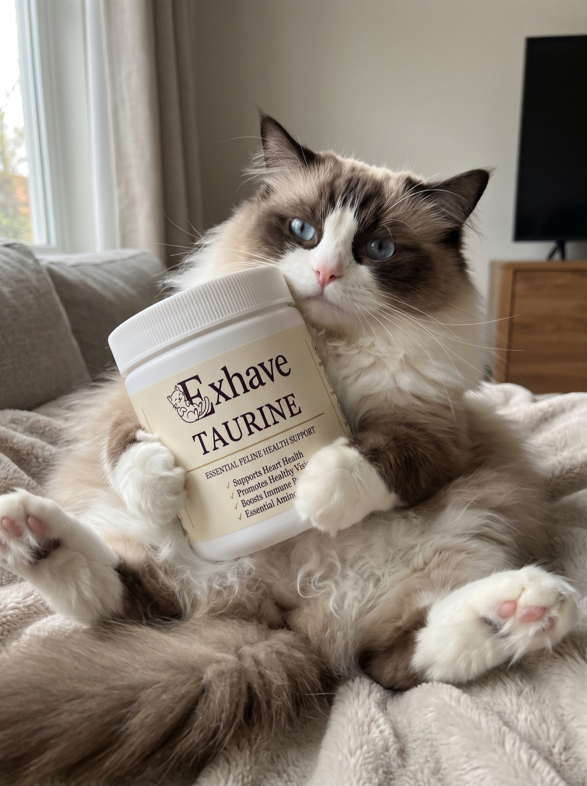 Ragdoll cat holding a jar of Exhave Taurine