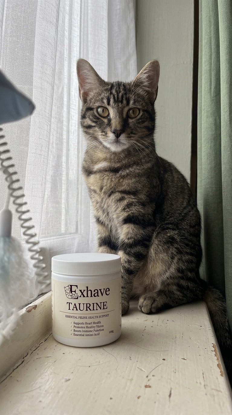 Edwin’s tabby in the window beside a jar of Exhave Taurine