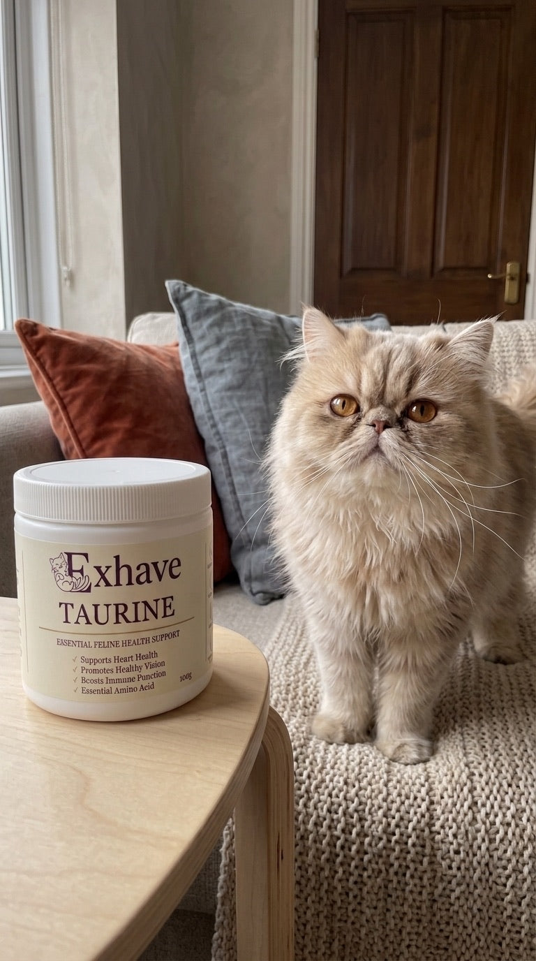 Mavis’s Persian cat beside a jar of Exhave Taurine